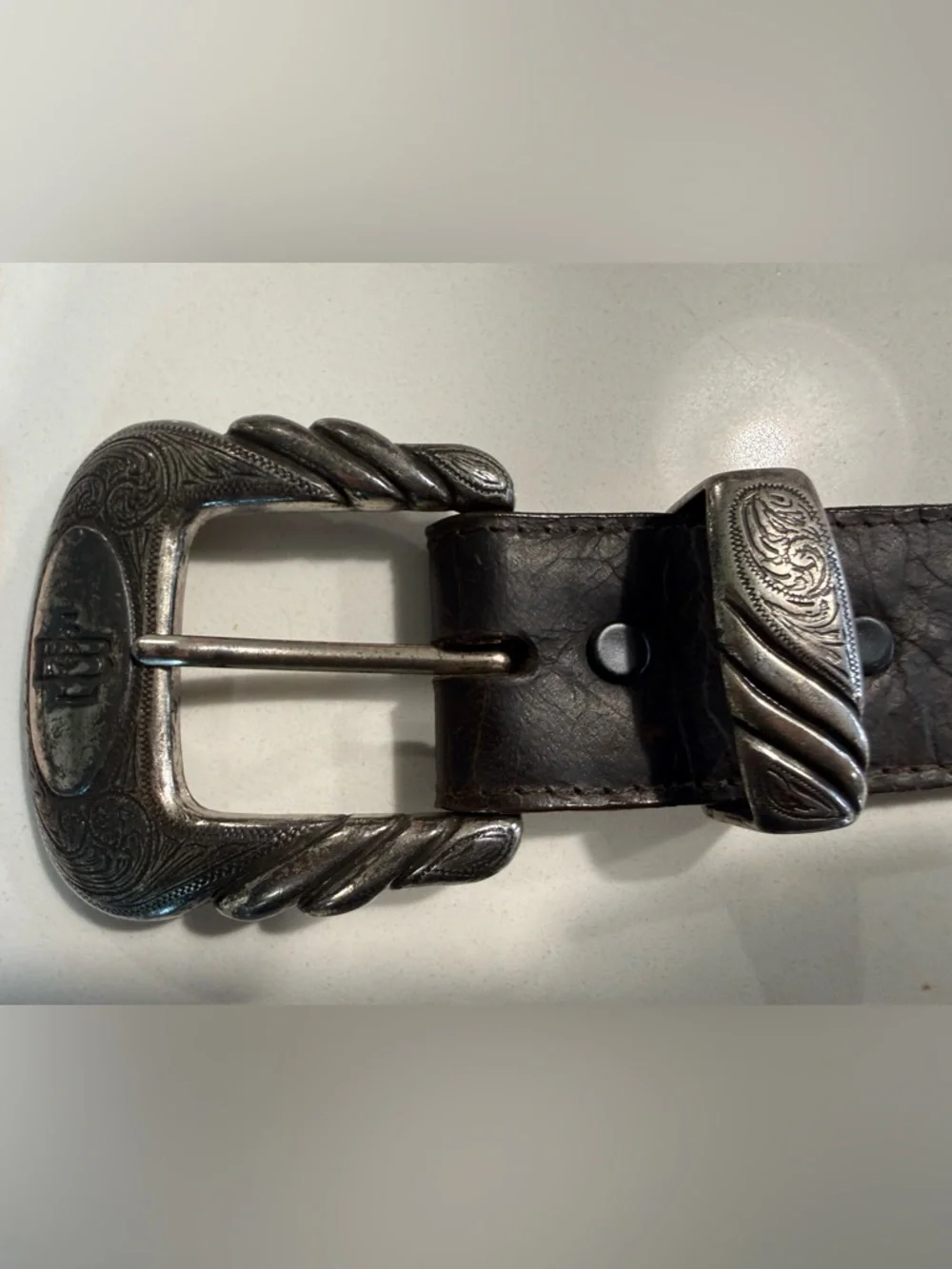 Vintage Lucchese Handcrafted Leather Western Belt w/Engraved Buckle Set USA Sz36